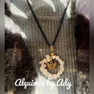 Maximalist pink quartz chips charms necklace